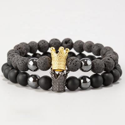 China September New Arrival 2pcs/set FASHIONABLE Black Lava Natural Stone Beads Crown Bracelets For Women Men for sale