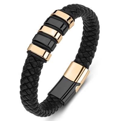 China FASHIONABLE High Quality Braided Gold Hand Rope Jewelry Charm Genuine Leather Bracelet Clasp For Men Stainless Steel for sale