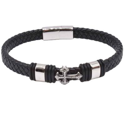 China FASHIONABLE Retro Style Handmade Ethnic Titanium Steel Cross Bracelet Men's Leather Bracelets Silver Man To Accessorize for sale