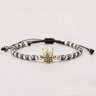 China Hot Sale FASHIONABLE CZ Jewelry Brass Beaded Crown Charm Bracelet Hand Woven Bracelet For Men Adjustable for sale