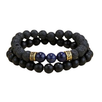 China Factory Wholesale TRENDY Lava Stone Beads Elastic Men's Couples Bracelet Set 2pcs Volcanized Black Rock Beads Jewelry for sale