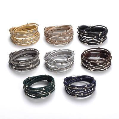 China New Arrival TRENDY Gift Accessories Fashion Woman Rhinestone Magnet Clasp Multilayer PU Leather Bracelet for sale