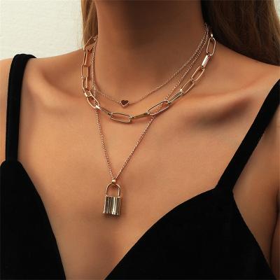 China FASHIONABLE Gold Plated Thick Chain Love Multi Layered Lock Choker Pendant Necklace For Women for sale