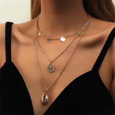 China TRENDY Alloy Multi Layer Sweater Clasp Clavicle Chain Necklace with Disc Coin Conch Pendant for sale