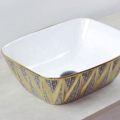 China Hot Selling Rectangular Easy Clean Electroplate Gold Art Basin Bathroom Counter Top Wash Sink Basin for sale