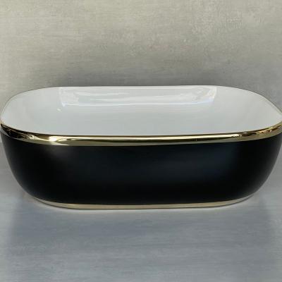 China Easy Clean New Product Rectangular Shape Art Wash Basin Above Counter Basins Bathroom Sink Matte Black Basin With Gold Lines For Sale for sale