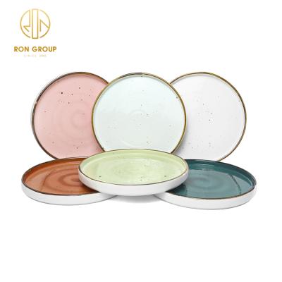 China Sustainable High Temperature Good Quality Colored Cheap Sourcing Round Dish Porcelain Ceramic Restaurant Dishes Dishes With Gold Edge for sale