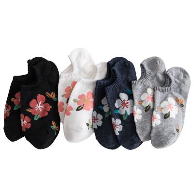 China Antibacterial Cute Floral Flower Printed Jacquard 75 Cotton Soft Low Cut No Show Sneaker Bangs Women for sale