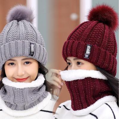 China COMMON Outdoor Women's Winter Hat Knitted Warm Wool Hats Scarf Pom Hat Scarf Set Thick Windproof For Women V008 for sale