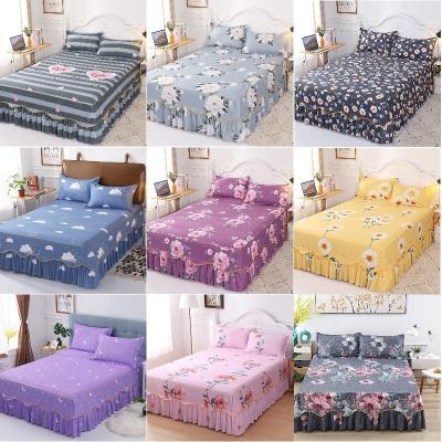 China Viable Bed Skirts Set Bilateral Floral Printed Double Layer Bedspread Sheet Bed Skirt + 2 Pcs Pillowcase Bed Sheets V045 for sale