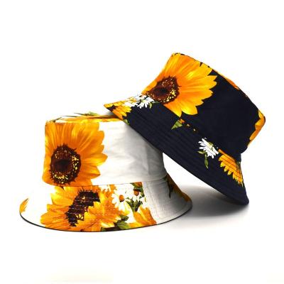 China Fashionable Picture Summer Hats Sunflower Pattern Cotton Fishing Print Bucket Hat Embroidery Bucket Hat for sale