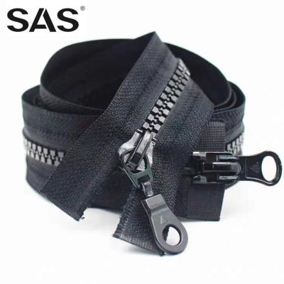 China SAS Automatic Lock New Arrival Reinforced Open End Narrow Black Plastic Resin Colored Zipper With Double Slider for sale