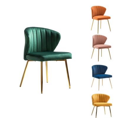 China Modern Wholesale Gold Leg Metal Base Upholstered Design Fabric Green Velvet Cushion Dining Chair for sale