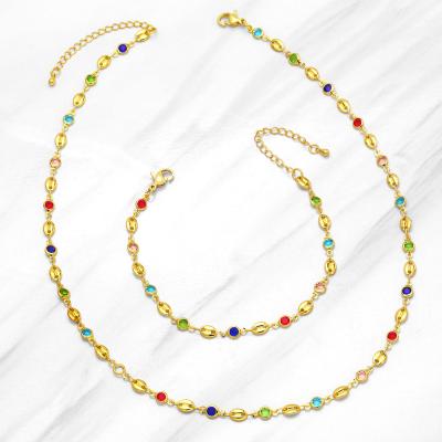 China TRENDY Fashion Colorful Zircon Diamond Hog Nose Coffee Bean Chain Clavicle Chain Bracelet Choker Necklace Jewelry Set for sale