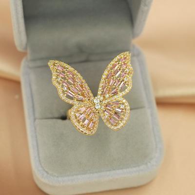 China Trendy Fashion Hollow Diamond Full White, Pink Butterfly Zircon Ring Opening Adjustable Ladies Ring for sale