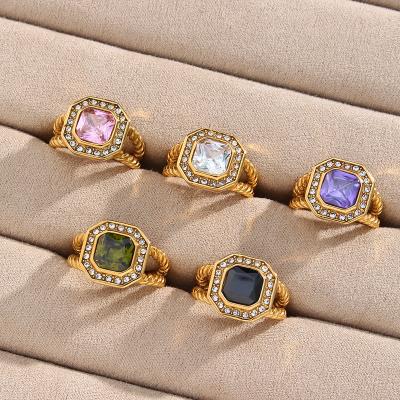 China Zirconium TRENDY Ring - Stainless Steel Set With 18K Gold Twist Ring Octagon Diamond Ring for sale