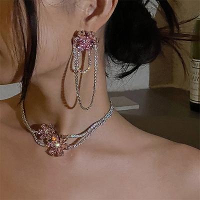 China FASHIONABLE Silvery Superb Instant Romantic Dazzle Tassel Pink Zircon Flower Stud Earrings S925 Needle for sale