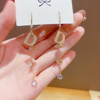 China FASHIONABLE Zircon D Letter Tassel Earrings Micro-inlaid Temperament Lady Fan Super Fairy Pendant for sale