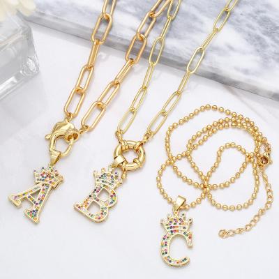 China TRENDY Hip Hop 18K Gold Plated Brass Rainbow Zircon CZ Crown Initial Letter Pendant Necklace For Women Men for sale