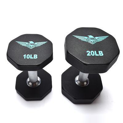 China Hex Dumbbell Contoured Chrome Handles Gym Equipment PU Rubber Urethane Dumbbell for sale