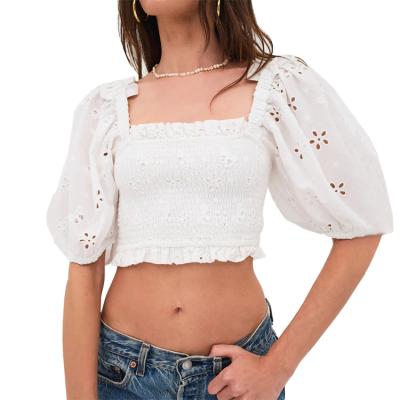 China Factory Custom Made Women's Summer Breathable Cotton Chest Square Spread Casual Super Pleated Sexy Short Sleeve Collar Top for sale