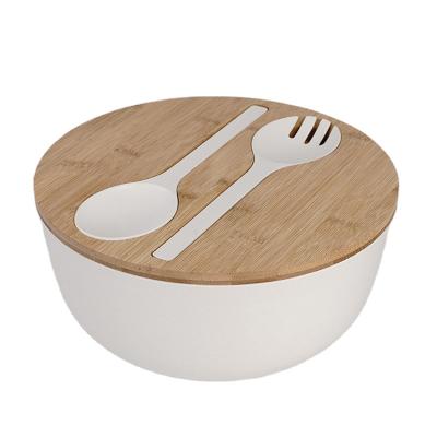 China Sustainable Bamboo Salad Serving Bowl Set With Lid And Utensils / Cute Wooden Bowl With Cutting Board Cover And Servers for sale