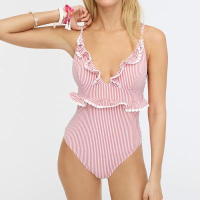 China 2020 New Arrivals Women's Bikini High End Full Coverage Custom Made Anti-UV V-Neckline One Piece Swimwear/Swimwear With Ruffle Detail for sale