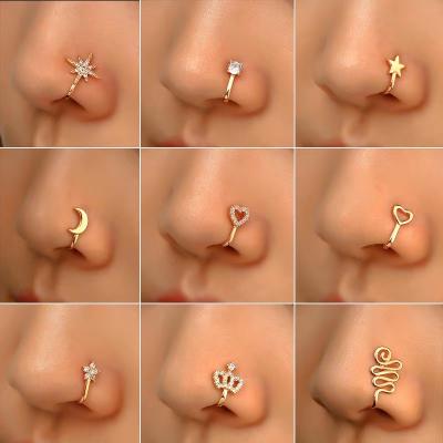 China Shiny Polished Creative Unpunched High U-Clip Inlaid Nose Ring With Zircon Stars Love Crown Nose Ring Piercing Jewelry For Women for sale