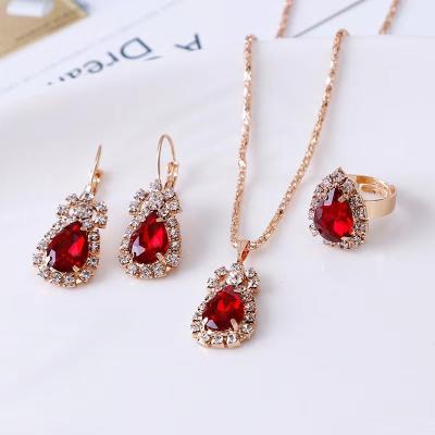 China High Quality Jewelry Set Fashion Jewelry Set 3Pcs/set Personalized Water Drops Rhinestone Necklace Earrings Ring Set Bling Bridal Jewelry for sale