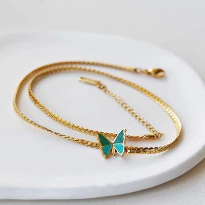 China Fashion Retro Jewelry Green Butterfly Stainless Steel Necklace Hip-Hop 18K Gold Plated Snake Bone Clavicle Chain For Women Jewelry Gifts for sale