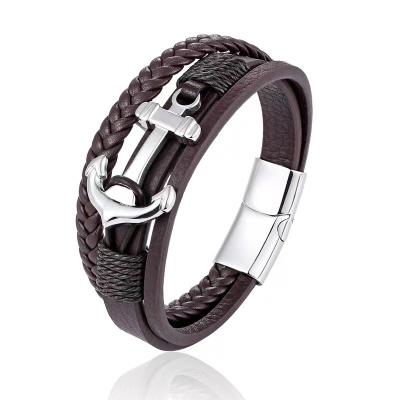 China Quick Delivery Titanium Steel Anchor Handwoven Leather Bracelet Multilayer Stainless Steel Rope Bracelet For Men for sale