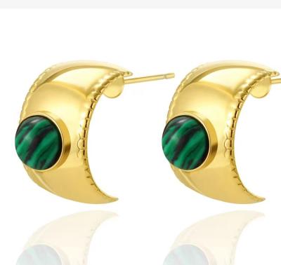 China Anti-allergy design malachite stainless steel luxury earrings women plated with 14K gold geometric c-shaped earrings. for sale