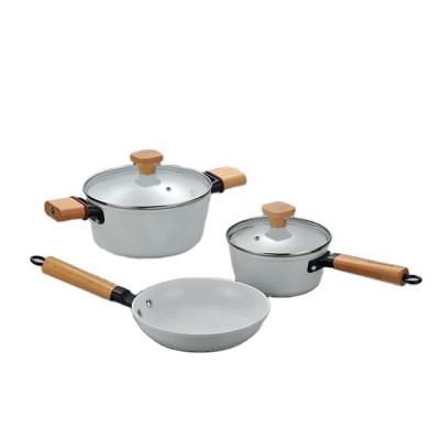 China Sustainable 5 PCS FORGED COOKWARE SET FRYING PAN COOKWARE PAN WITH CERAMIC NON-STICK COATING WOODEN HANDLE for sale