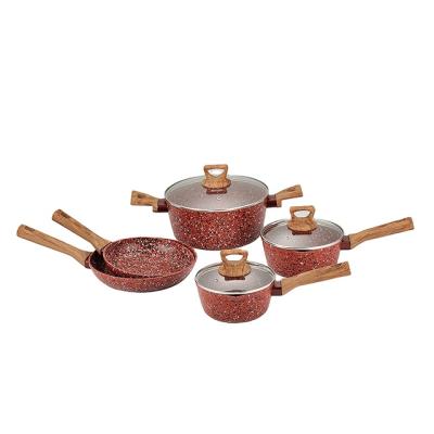 China Sustainable Forged Granite Cookware Set With Soft Touch Wood Handle for sale