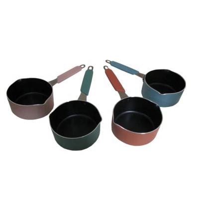 China Sustainable HOT SELLING COLORED MINI SAUCE PAN /MILK NON-STICK COATING PAN WITH SILICONE HANDLE SIZE 12 cm for sale