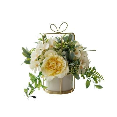 China Home Wedding Decoration China Artificial Flower Set Ceramic Golden Vase Rose Plant Pot Home Decoration Artificial Flower for sale