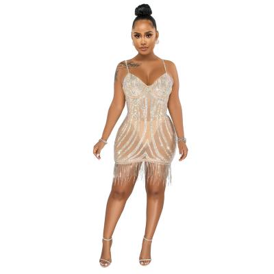 China Anti-Static Sexy Elegant Fringed Crystal Women's Backless Diamond V-Neck Slit Dress for sale