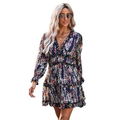 China Anti-Static Long Sleeve Floral Chiffon Women's Backless Dress for sale