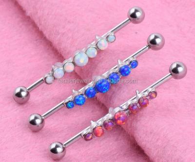 China Fashion Synthetic Fire Opal Industrial Barbell Bar Jewelry Ring Sparkle Piercing Earring 14g for sale