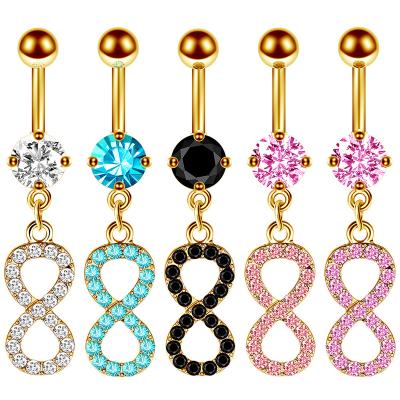 China Stainless Steel 14G Punk Gold Dangle Belly Button Rings For Women Girls Belly Button Rings Zircon Body Piercing Jewelry for sale