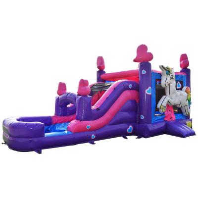 China Large Commercial Moonwalk Inflatable Pink and Purple Unicorn Combo Jumper Bouncing Castle Girl Bouncy Jumping House with Water Slide for sale