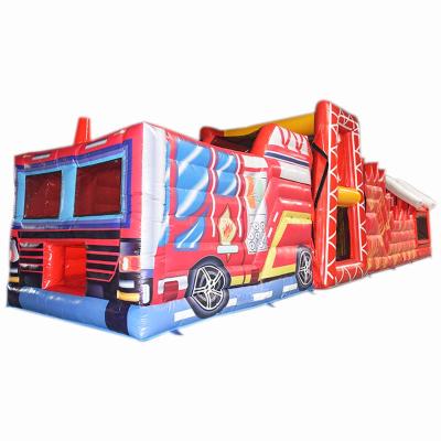 China Commercial Custom Inflatable Firetruck Obstacle Fun Racing Game Fire Engine Fire Station Inflatable Obstacle Course For Sale for sale