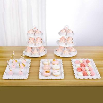 China Lightweight 5 Pieces PP White Cupcake Stand Sets 3 Tier Dessert Tower White Tray Perfect for Wedding Birthday Autumn Baby Shower Party for sale