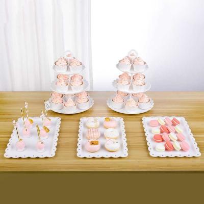 China Lightweight 5 Pieces White Plastic Cupcake Stand Sets Dessert Tower Tray Perfect for Wedding Birthday Autumn Baby Shower Party for sale