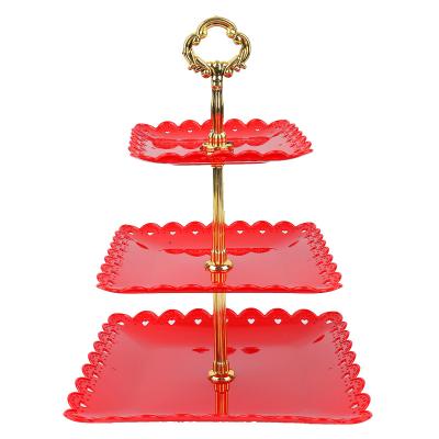 China Useful Cheap Price Light Red 3 Tier Cupcake Stand Square Dish Serving Tray Display Rack For Christmas Wedding Party for sale