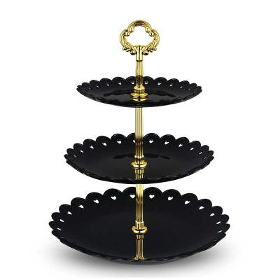 China Large 3 Tier 3 Tier Cupcake Stand Black and Gold Plastic Dishes Display Stand Serving Tray For Party Wedding Halloween Decoration for sale