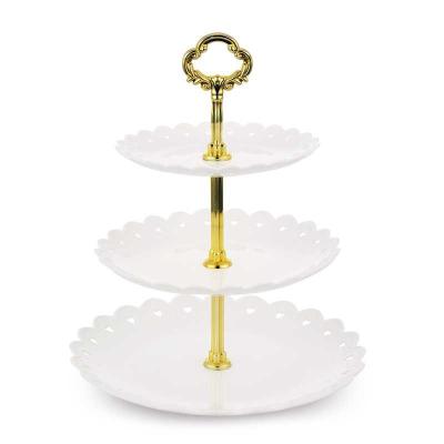 China Serving Tray Large 3 Tier 3 Tier Cupcake Stand Elegant Plastic Cake Stand with Gold Struts for Wedding Birthday Christmas Party for sale