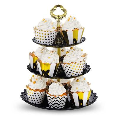 China 3 Tier Black 3 Tier Cupcake Stand With Gold Struts Dessert Display Rack For Birthday Celebration Wedding Party for sale