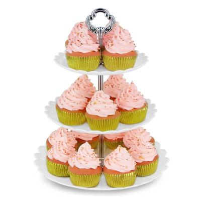 China Plastic 3 Tier Tall Cupcake Stand With Silver Struts Elegant Serving Dish For Wedding Birthday Graduation Party for sale