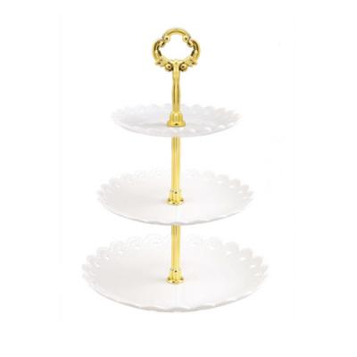 China Cake  Small Size Plastic 3 Tier White Cupcake Stand With Gold Struts Party Accessories Kitchen Cake Display Rack Decoration Wedding for sale